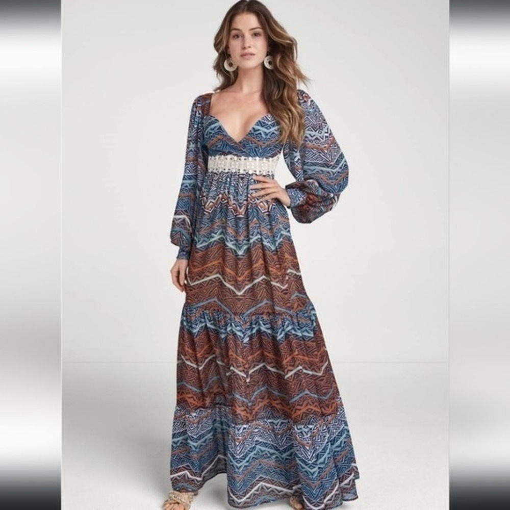 Venus Dress Womens 2 Blue Chevron Boho Maxi‎ Long Sleeve Crochet Waist Lined